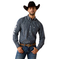 Chambray-look shirt with a small allover western print, sleeve lettering detail.