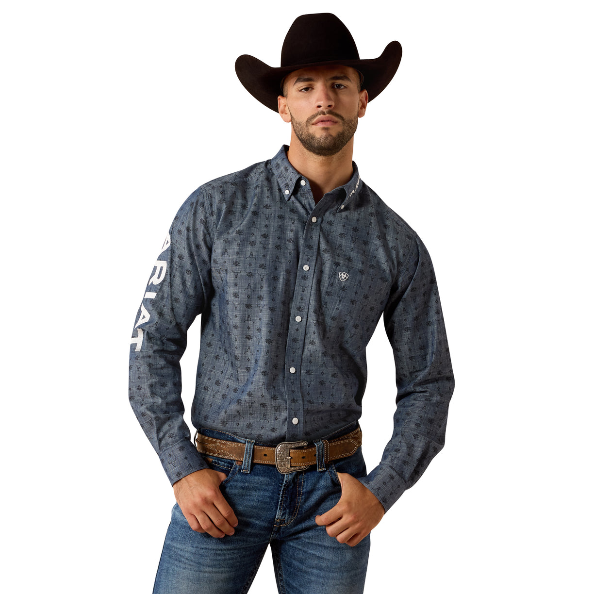 Chambray-look shirt with a small allover western print, sleeve lettering detail.