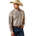 Ariat Team Westlee Classic Fit Shirt in a striped Aztec print, tucked with a leather belt.