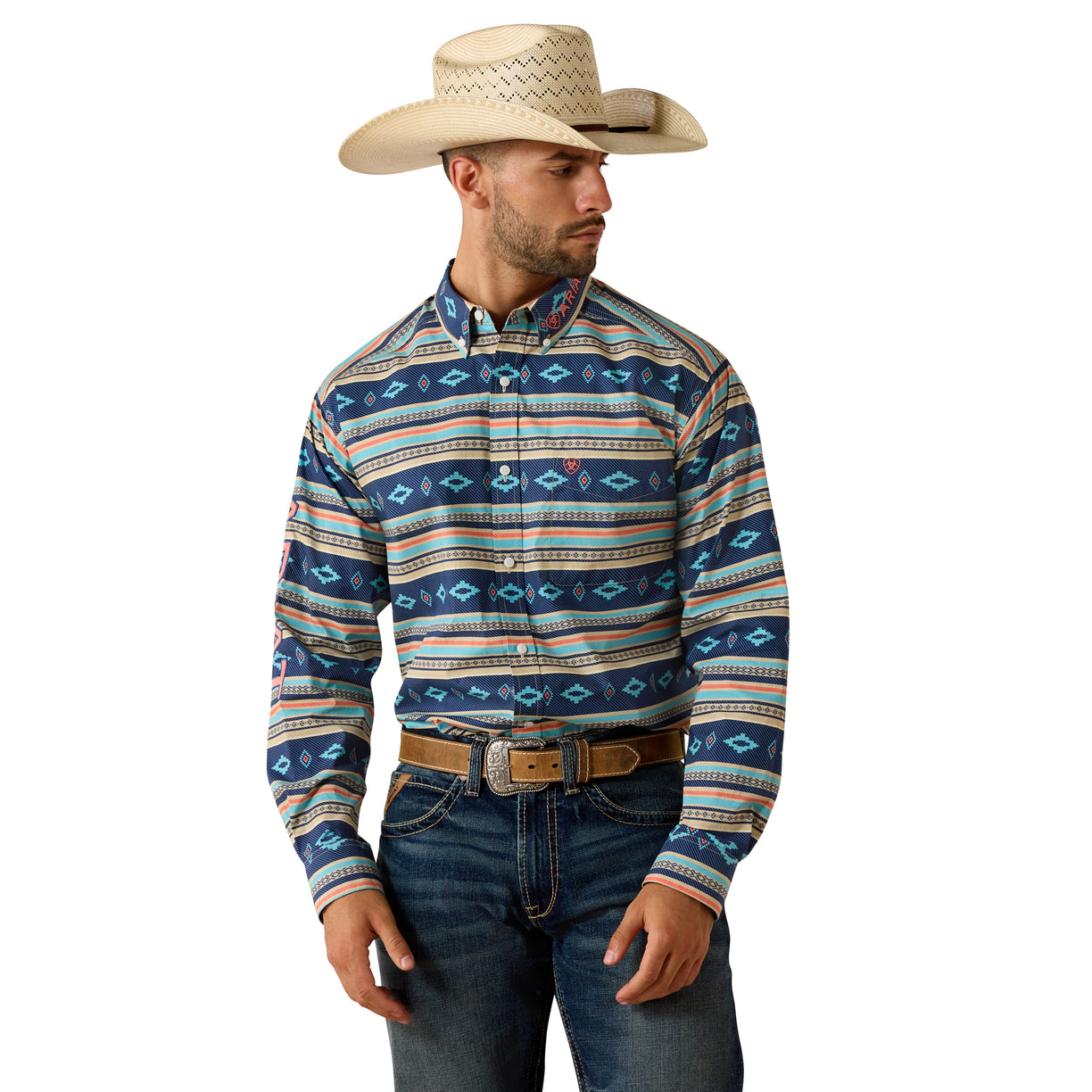 Man wearing a patterned shirt and cowboy hat on a white background