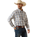 Ariat Pro Series Team Pierre Classic Fit Shirt in a tan and navy plaid, tucked with a leather belt.