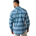 A man wearing a blue and white striped long-sleeve button-down shirt, shown from the back against a plain white background.