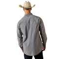 Person wearing a striped shirt and cowboy hat on a white background
