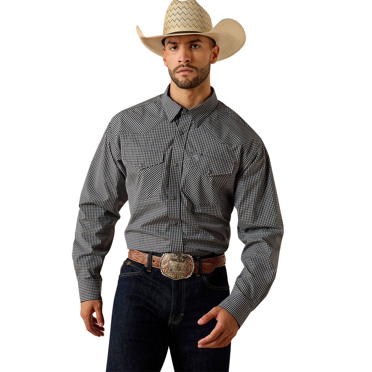 Man wearing a checkered shirt, jeans, and a cowboy hat on a white background