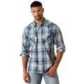 Man wearing a blue and white plaid shirt on a white background