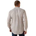 A man viewed from the back wearing a light beige and white patterned button-down shirt with dark blue jeans, set against a plain white background.