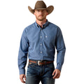 Blue check long sleeve button-up shirt with chest pocket, worn with denim jeans and a felt hat
