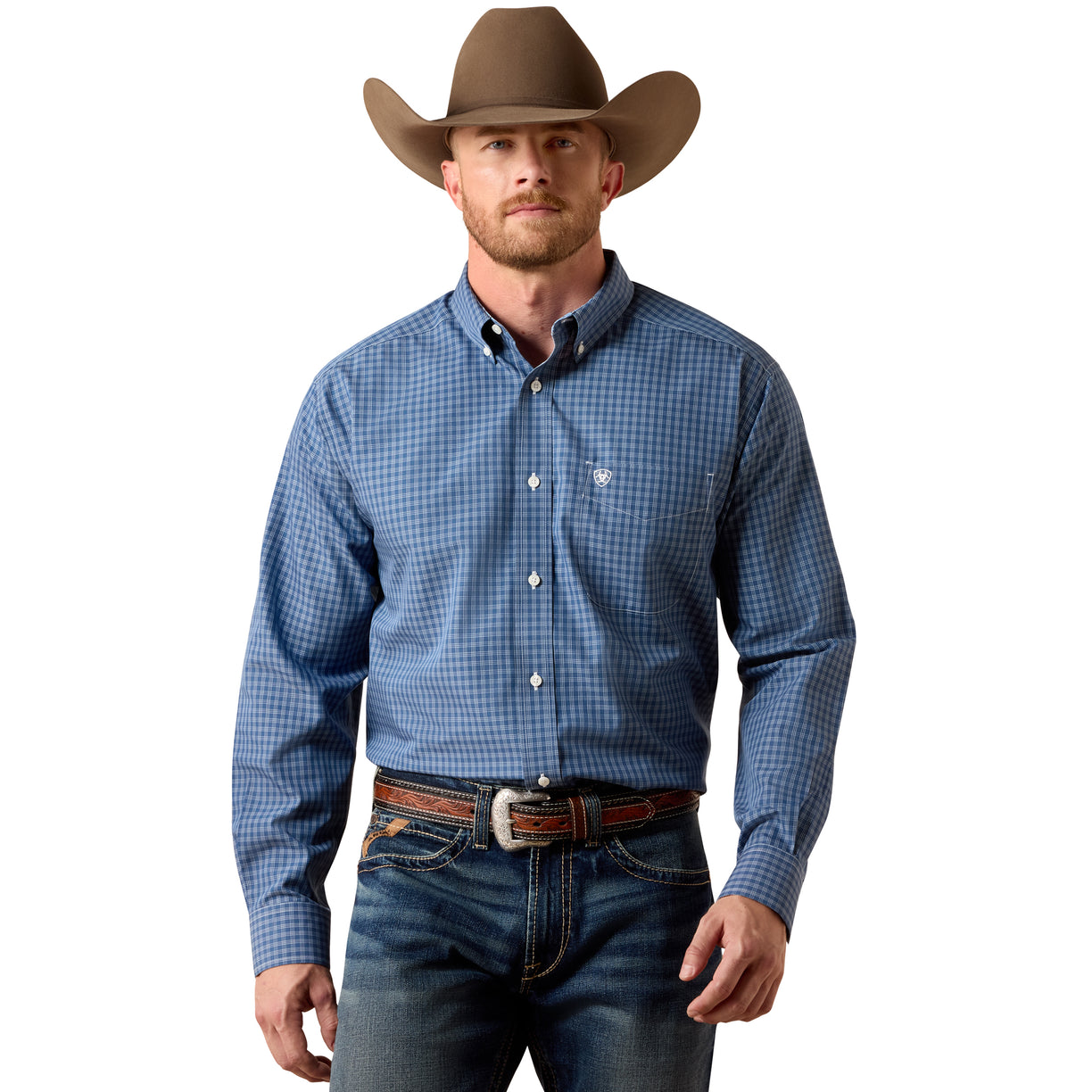 Blue check long sleeve button-up shirt with chest pocket, worn with denim jeans and a felt hat