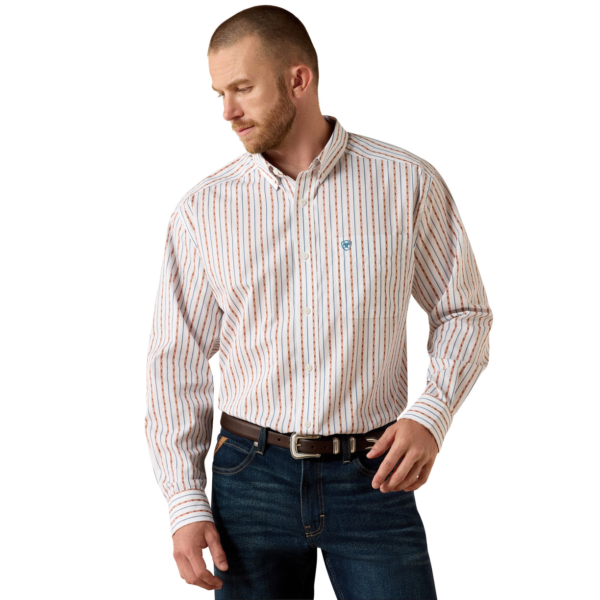 Man wearing a striped shirt and jeans on a white background