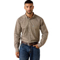 Brown micro-print button-down shirt paired with blue denim jeans