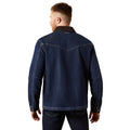 Man wearing a blue denim jacket on a white background