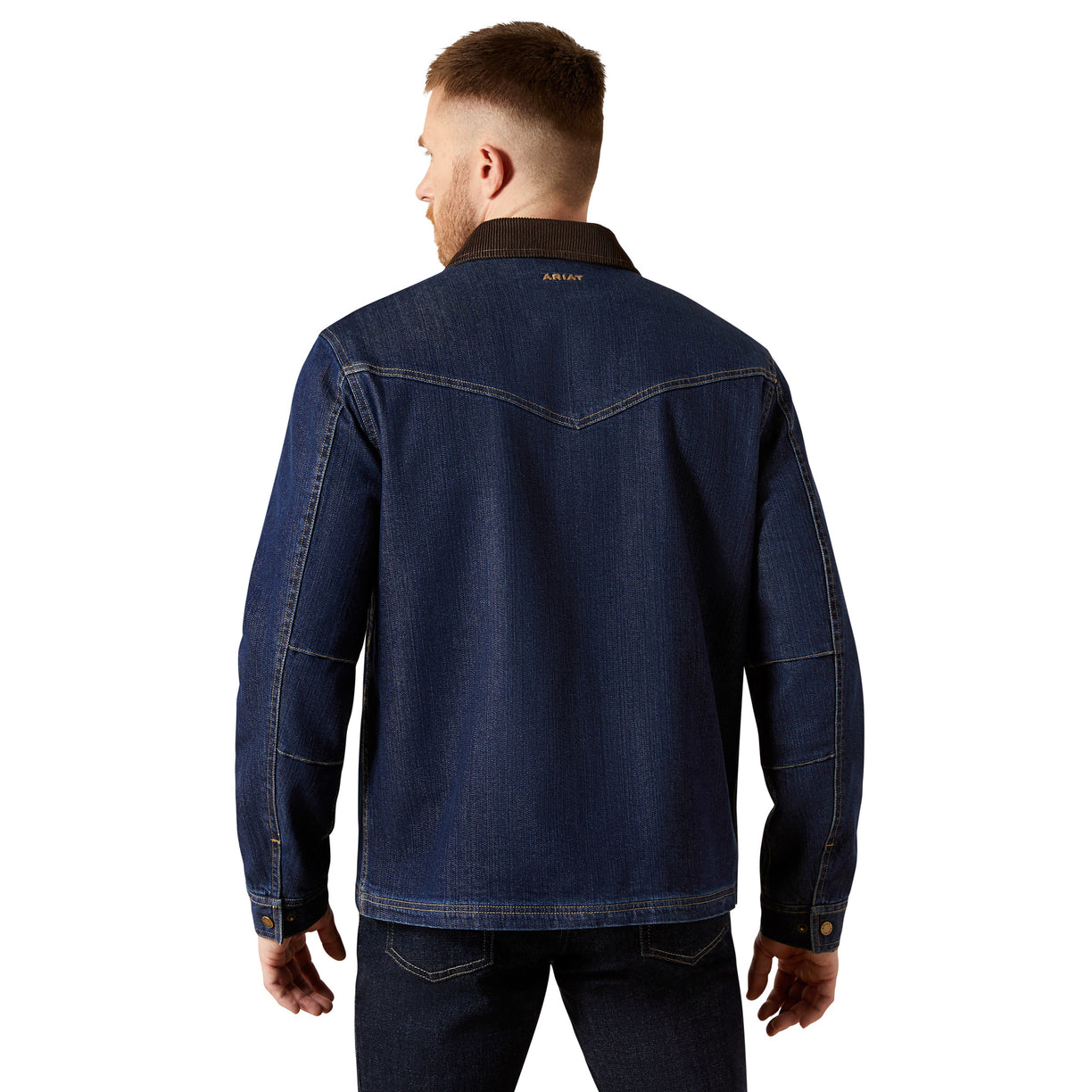 Man wearing a blue denim jacket on a white background