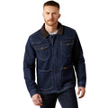 Man wearing a blue denim jacket on a white background