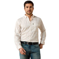 Man wearing a white checkered shirt and blue jeans on a white background