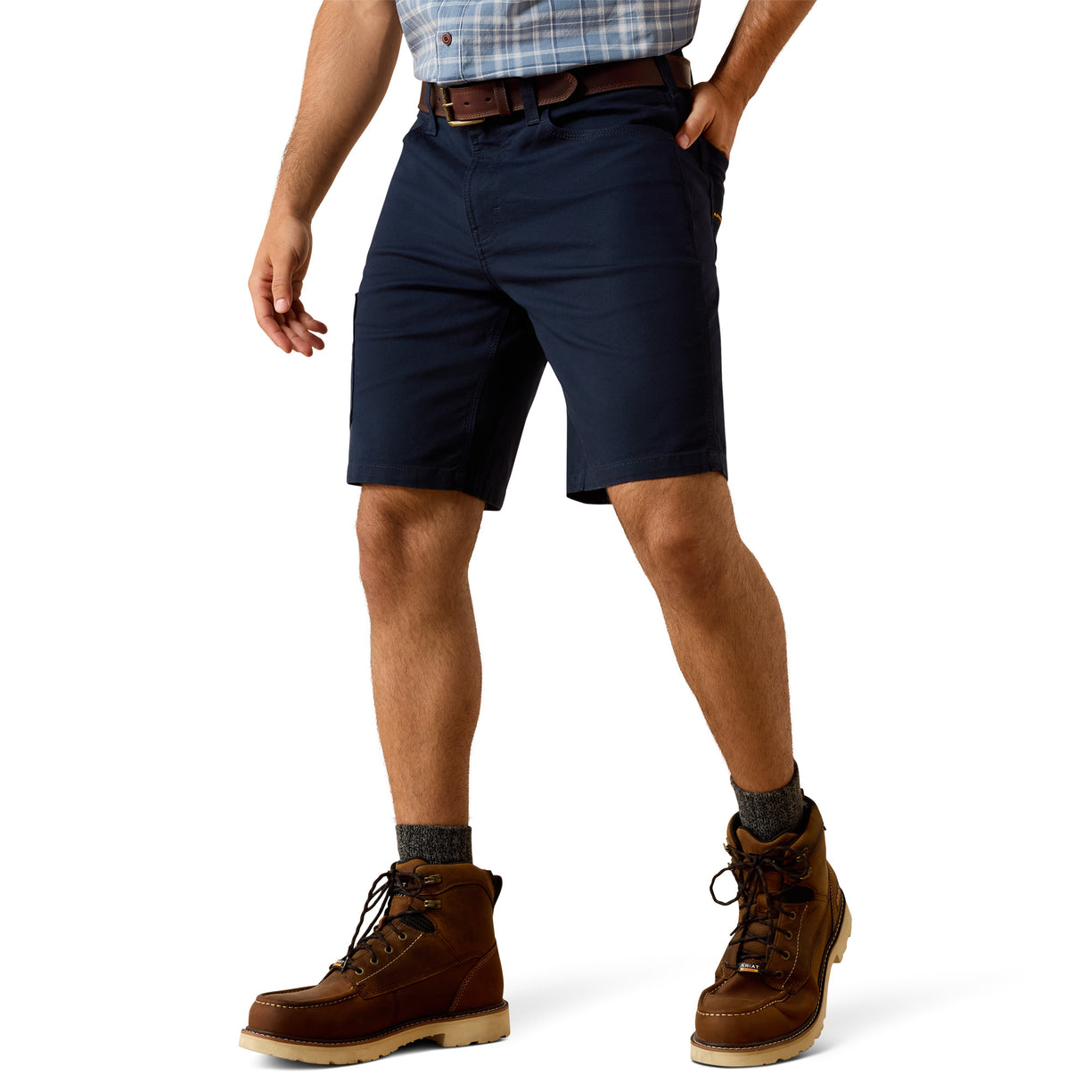 Ariat Rebar DuraStretch Made Tough 10 inch Short in navy - men's utility shorts, waist-down front view on model