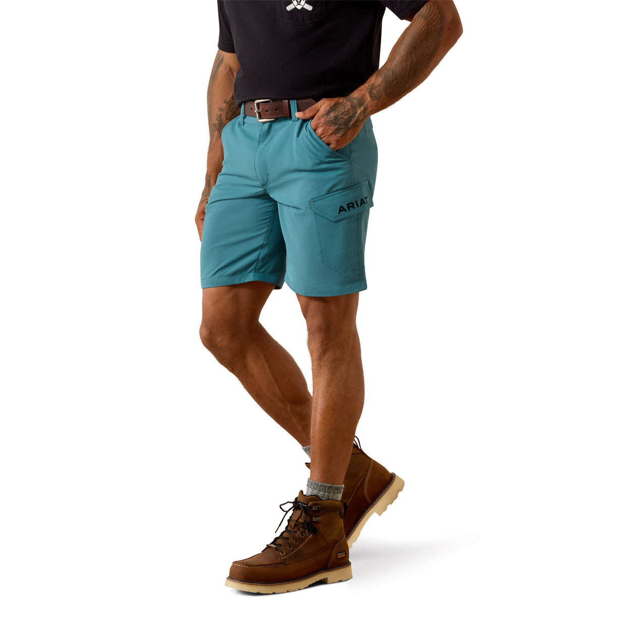 Ariat Rebar WorkFlow Ultralight 9 inch DuraStretch Shorts in teal, cargo pocket detail, waist-down front view with boots