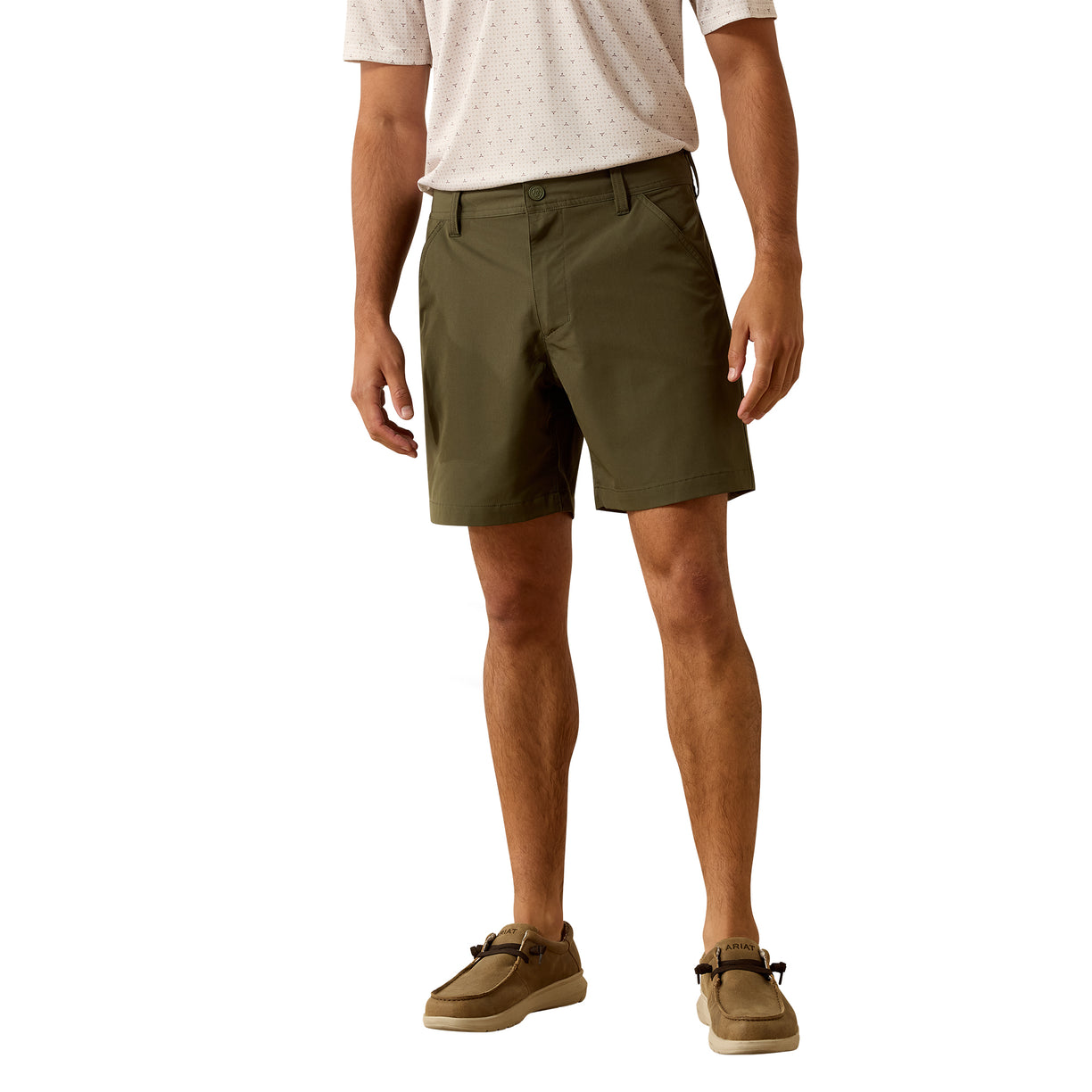 Person wearing olive green shorts on a white background