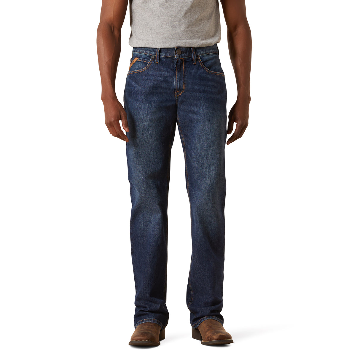 Person wearing blue jeans on a white background