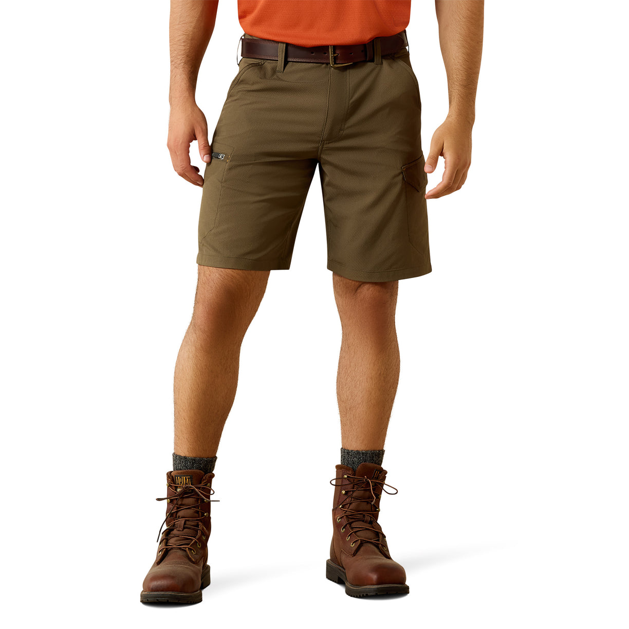 Olive green cargo shorts with zip pocket detail