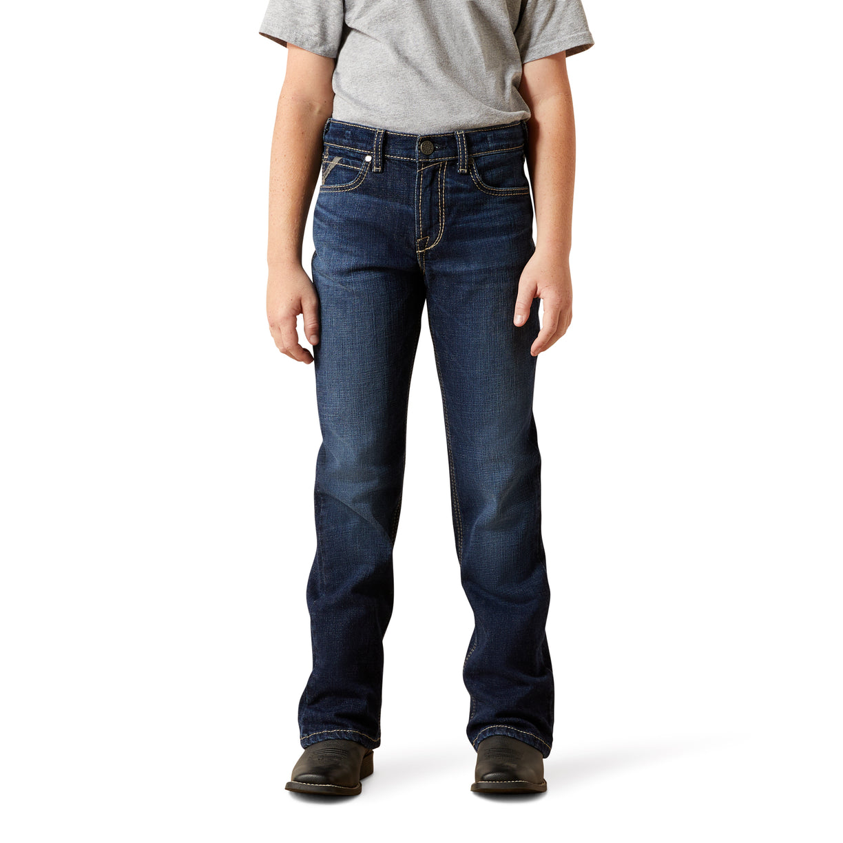 Person wearing blue jeans and a gray shirt on a white background
