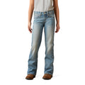 Light blue jeans worn by a person on a white background