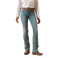 Light blue jeans worn with a white shirt and brown belt on a white background