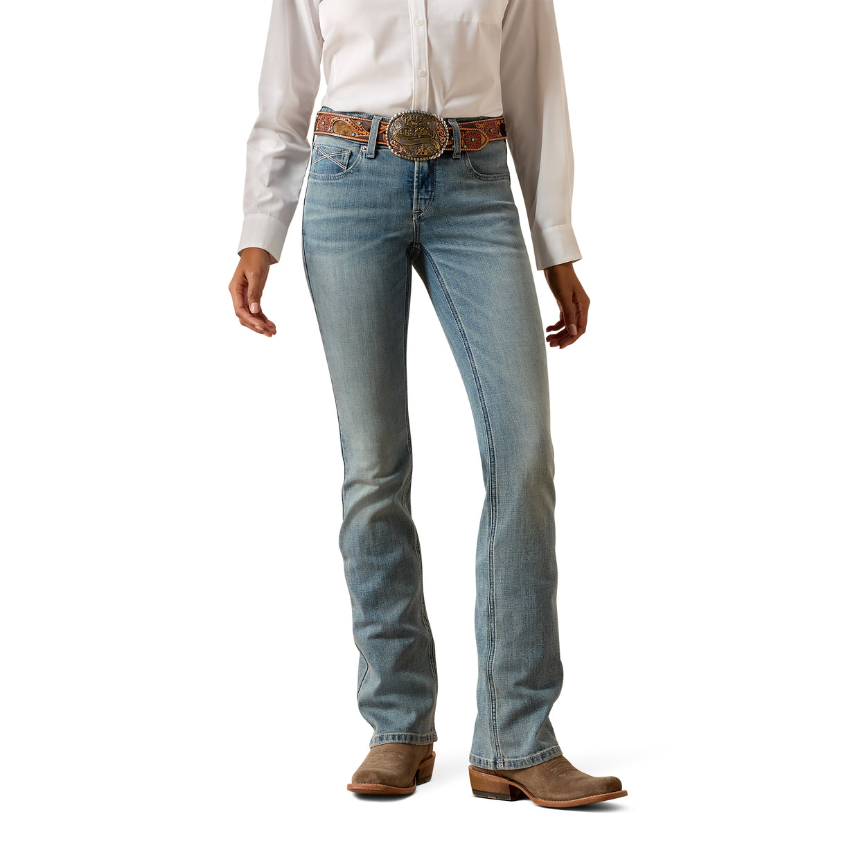 Light blue jeans worn with a white shirt and brown belt on a white background