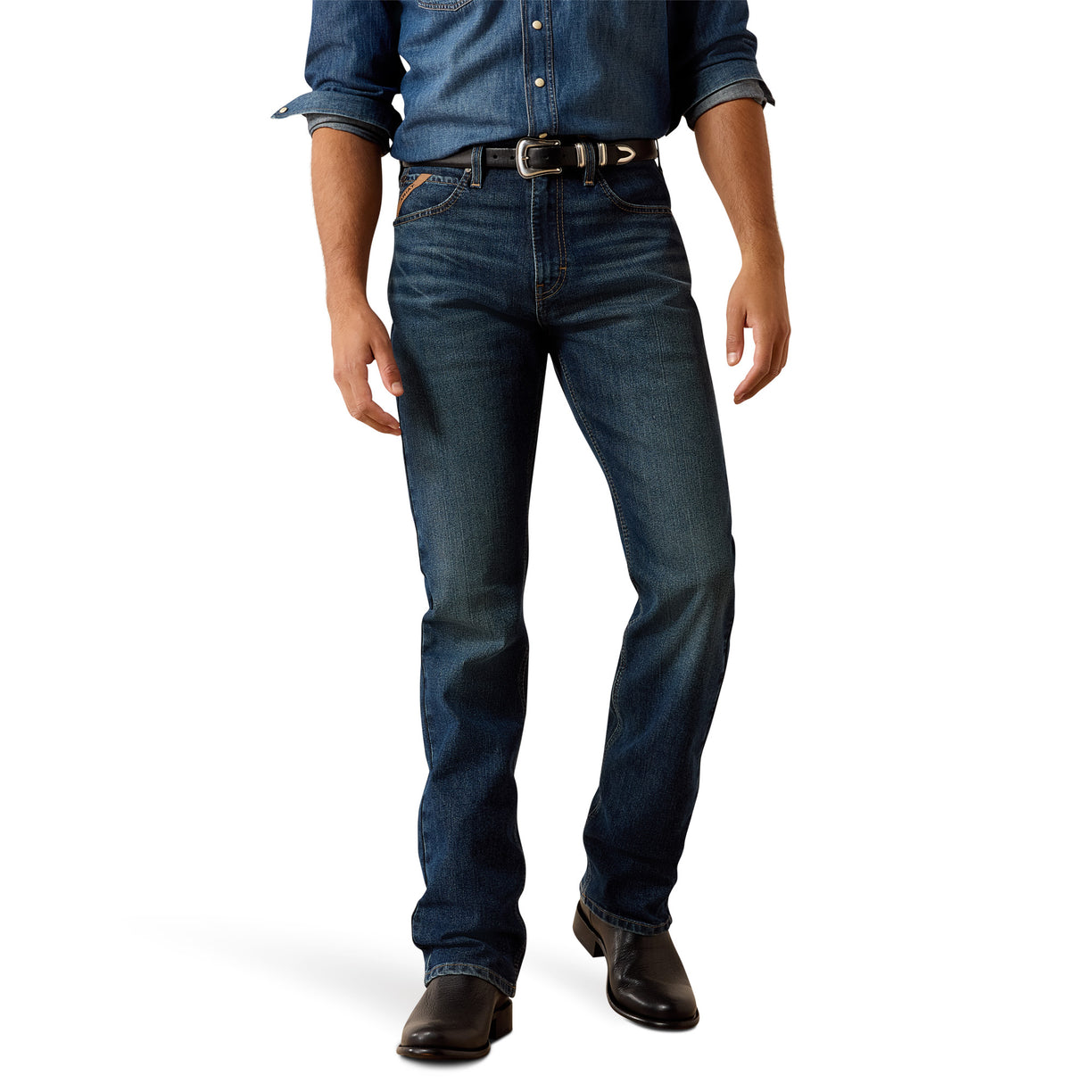 Person wearing blue jeans and a button-up shirt on a white background