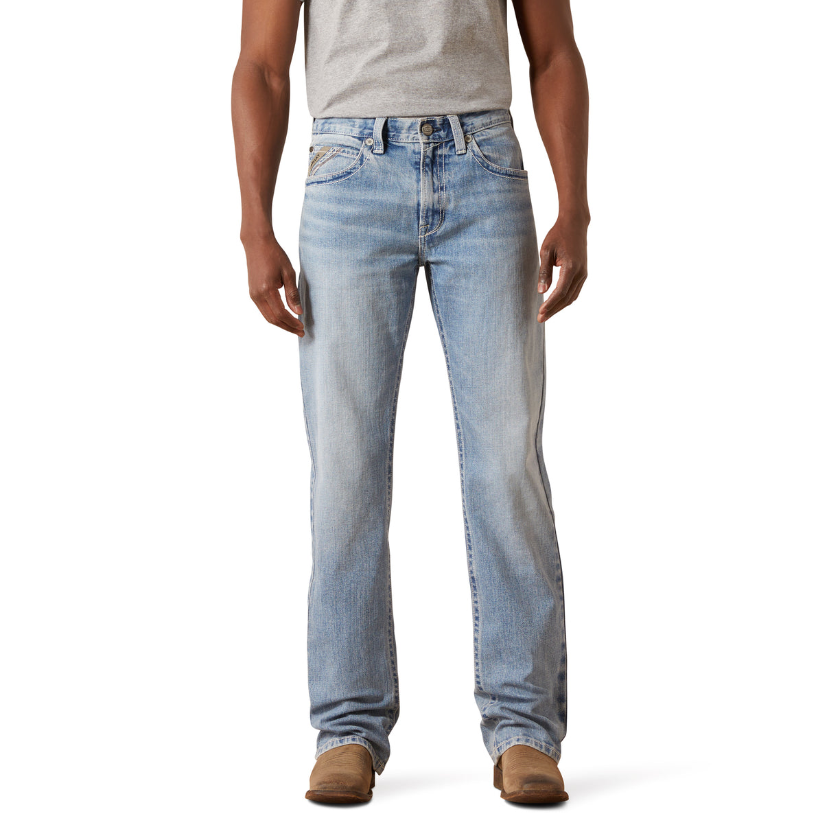 Light blue jeans worn by a person on a white background