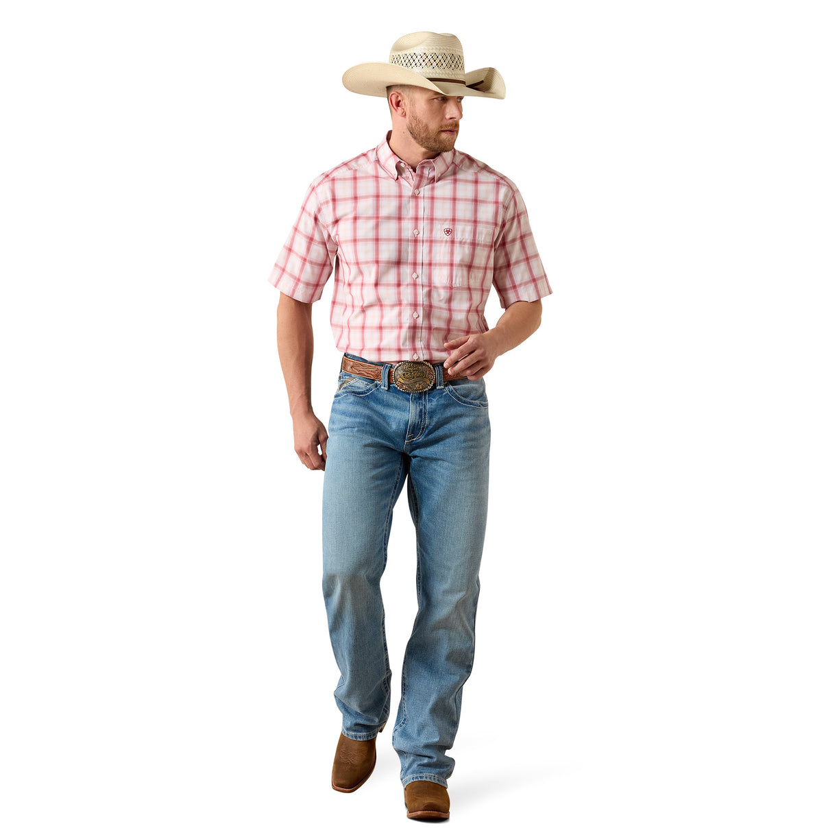 Man wearing a red plaid shirt, blue jeans, and a cowboy hat on a white background