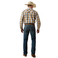 Man wearing a plaid shirt and jeans with a cowboy hat on a white background