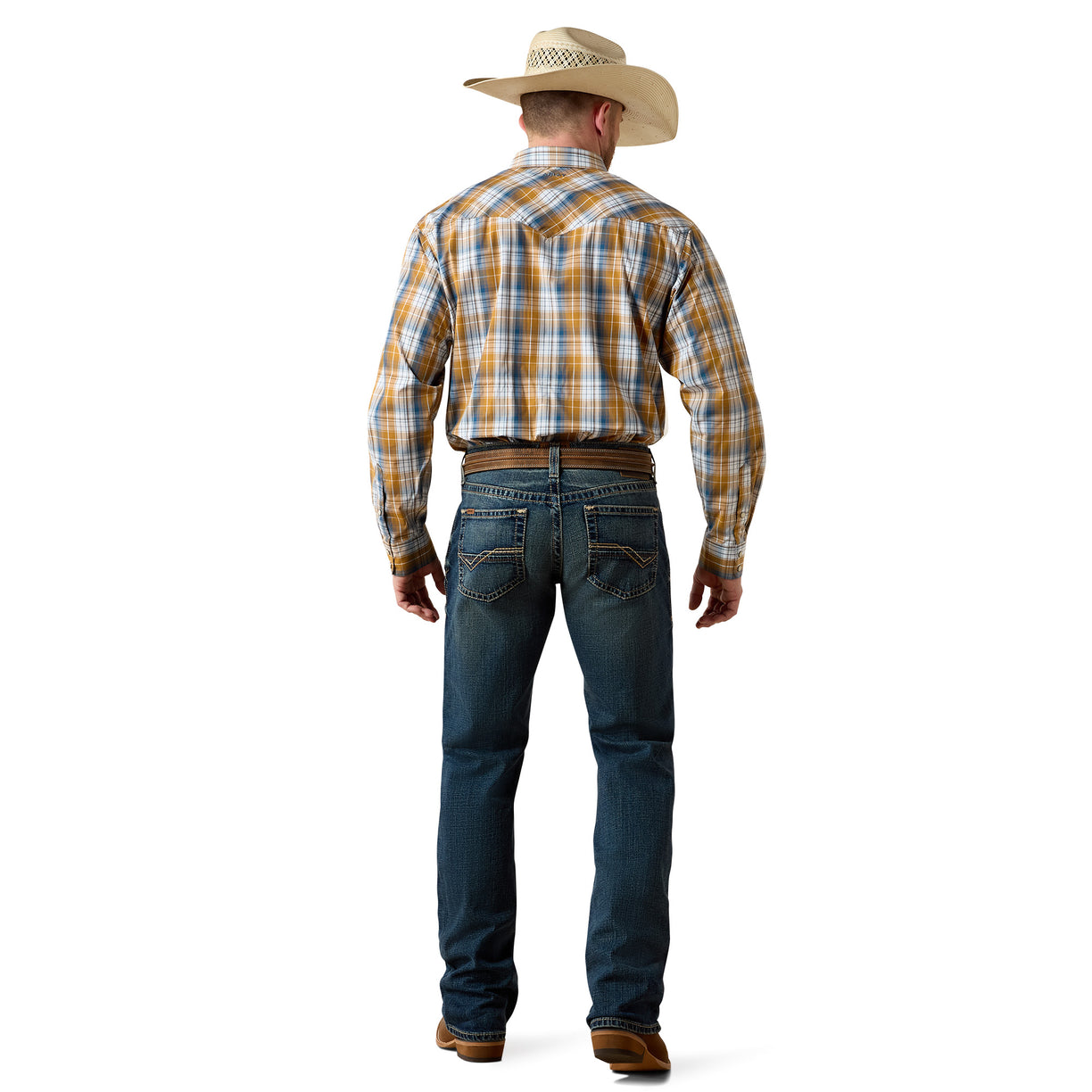 Man wearing a plaid shirt and jeans with a cowboy hat on a white background