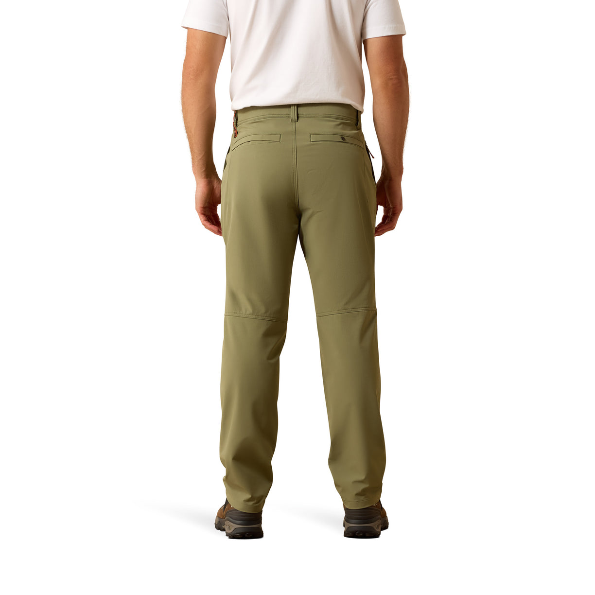 Person wearing olive green pants on a white background
