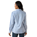 Woman wearing a blue striped shirt on a white background