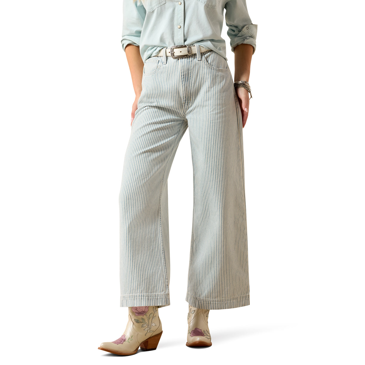 Person wearing light blue striped pants and a light blue shirt on a white background