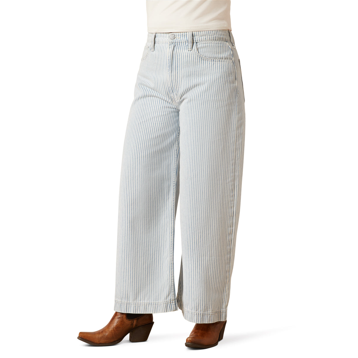 Light blue striped pants worn by a person on a white background