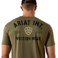 Person wearing an olive green Ariat Int. shirt with branding on the back.