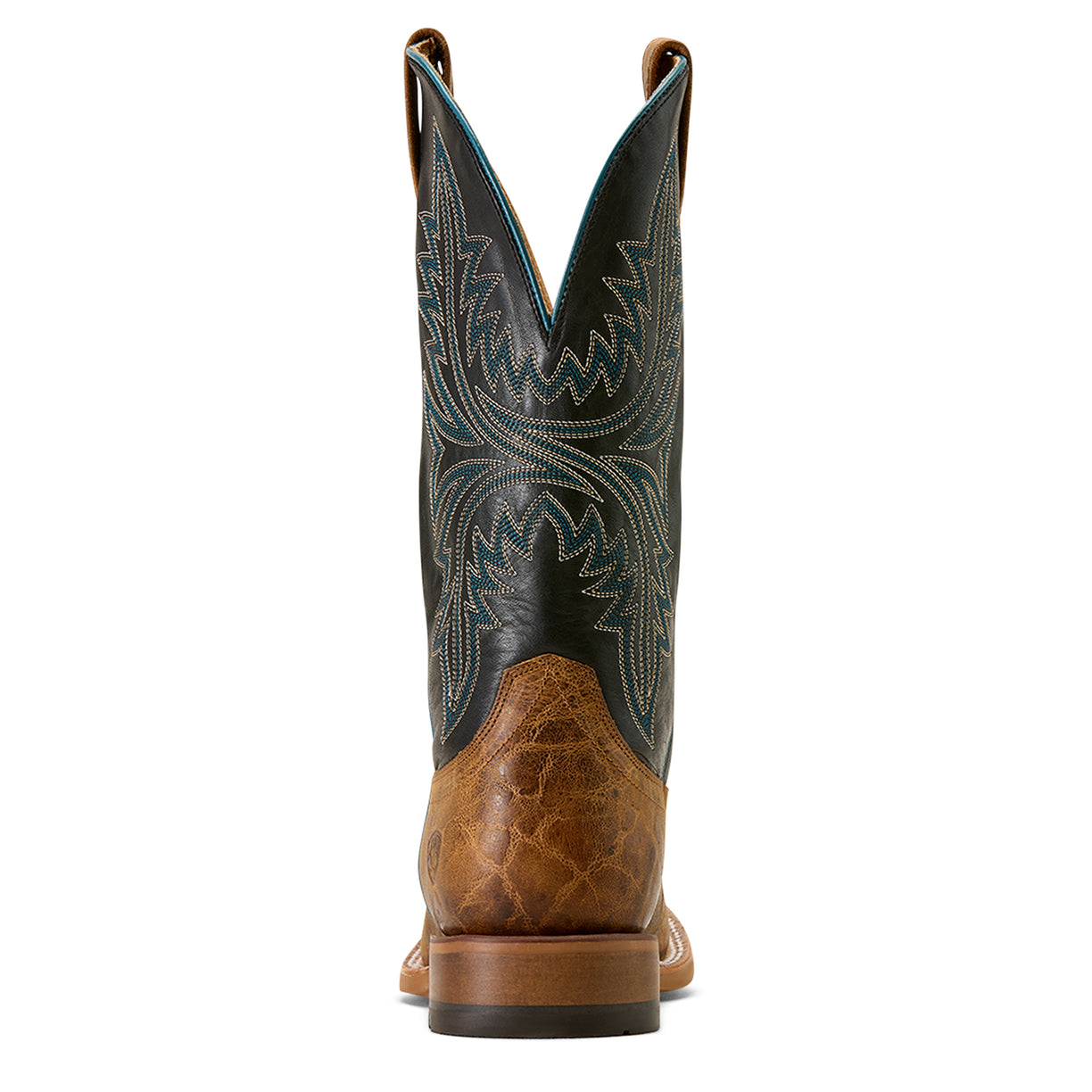Brown cowboy boot with intricate black and blue stitching on a white background