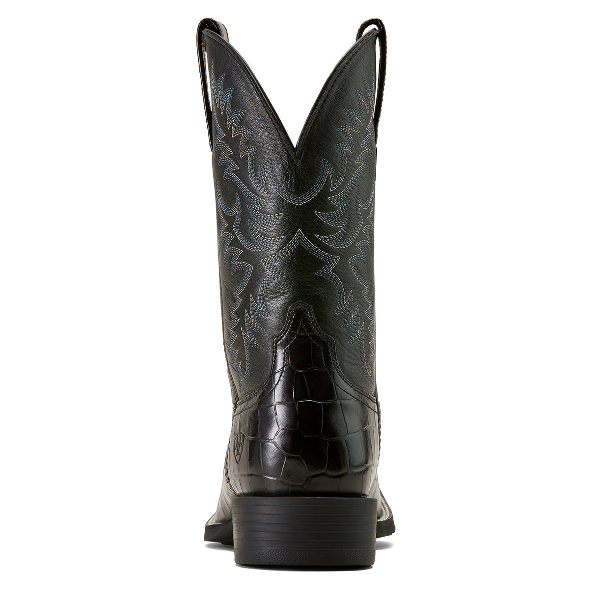 Black cowboy boot with intricate design on a white background