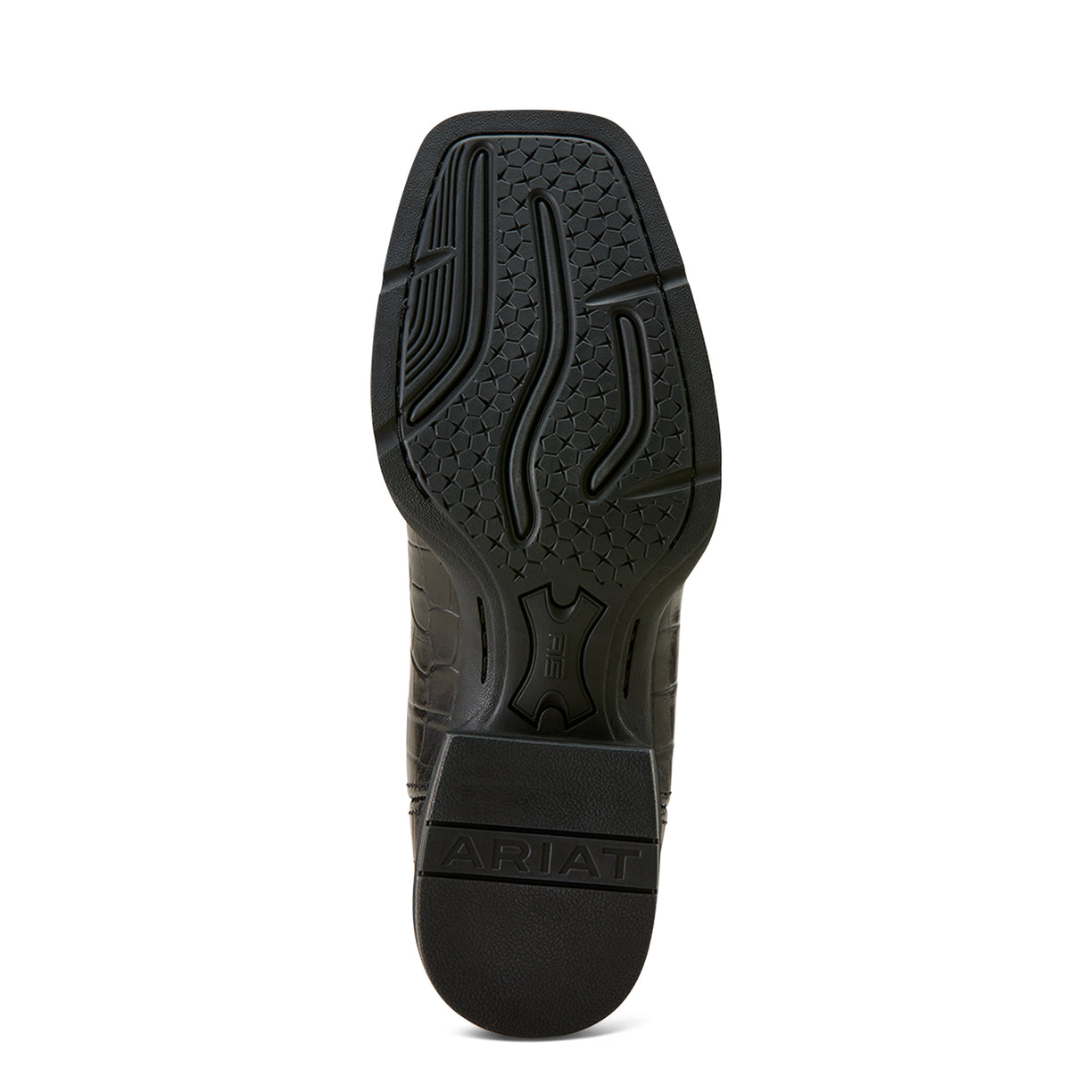 Black boot sole with Ariat branding on a white background