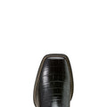 Close-up of a black leather boot with a white background