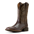 Brown cowboy boot with intricate stitching on a white background