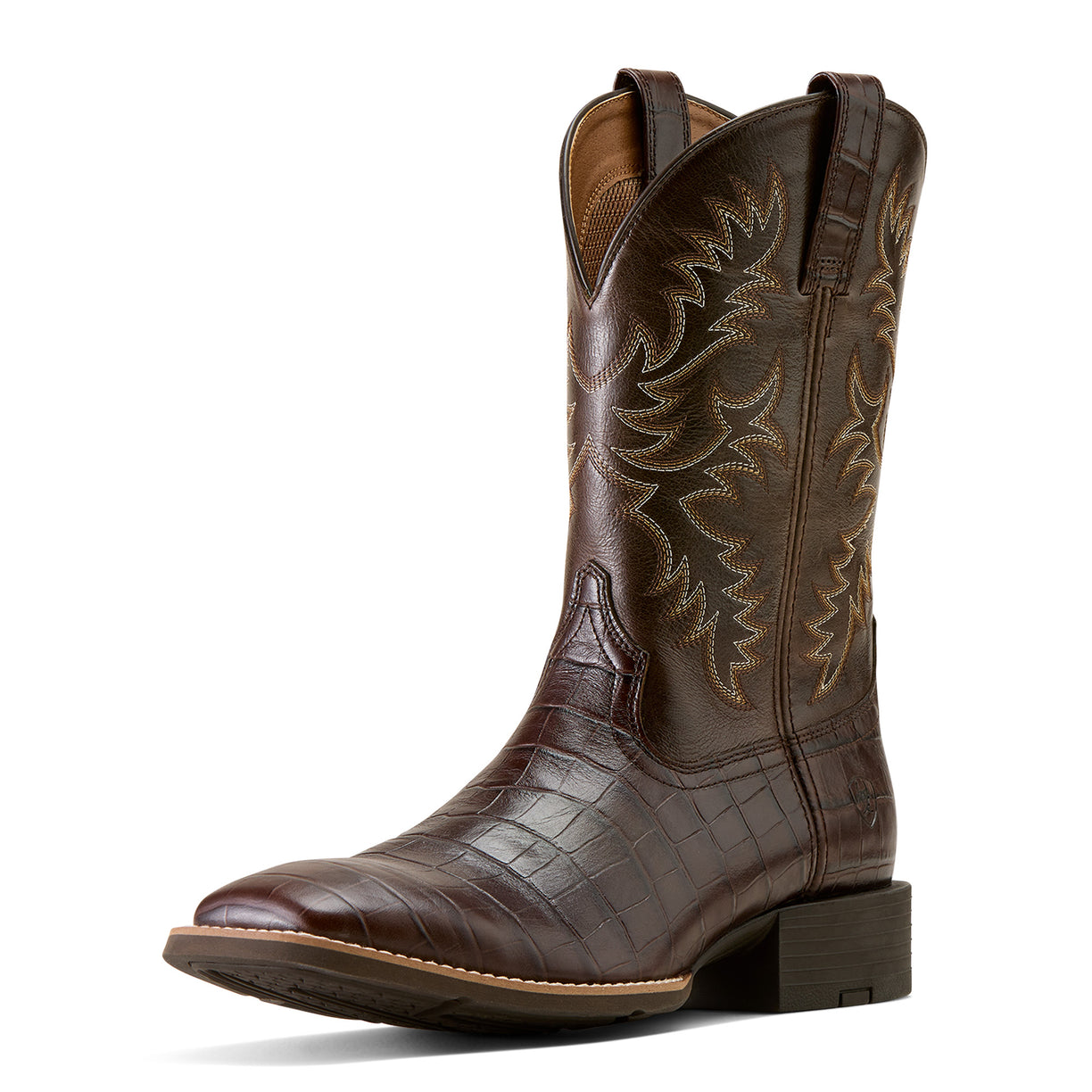 Brown cowboy boot with intricate stitching on a white background