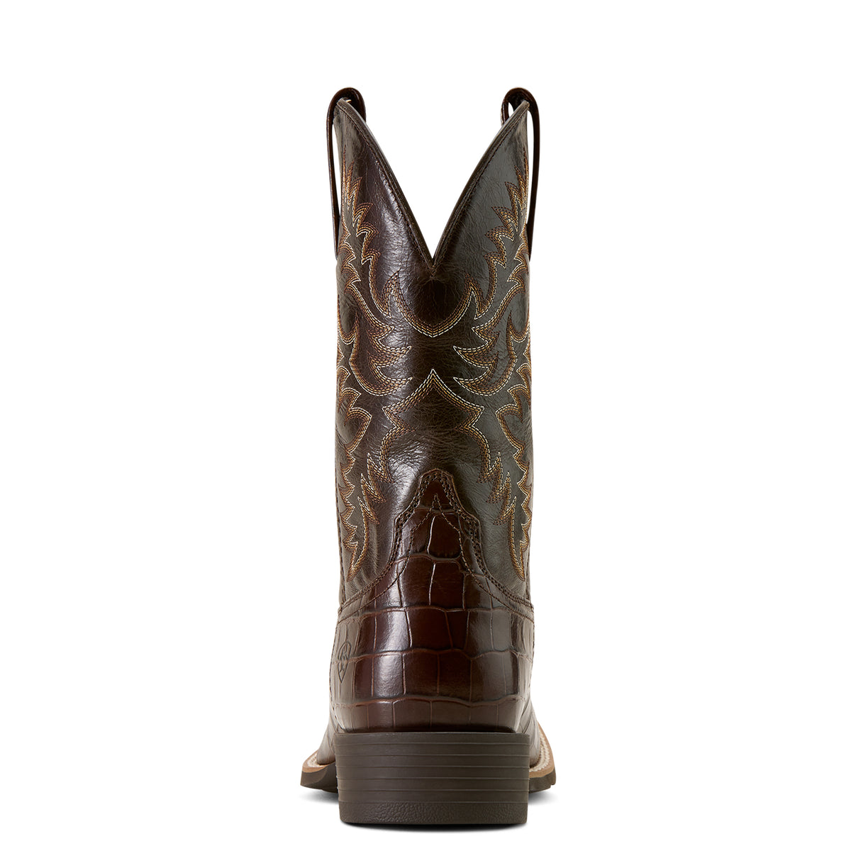 Brown cowboy boot with intricate design on a white background