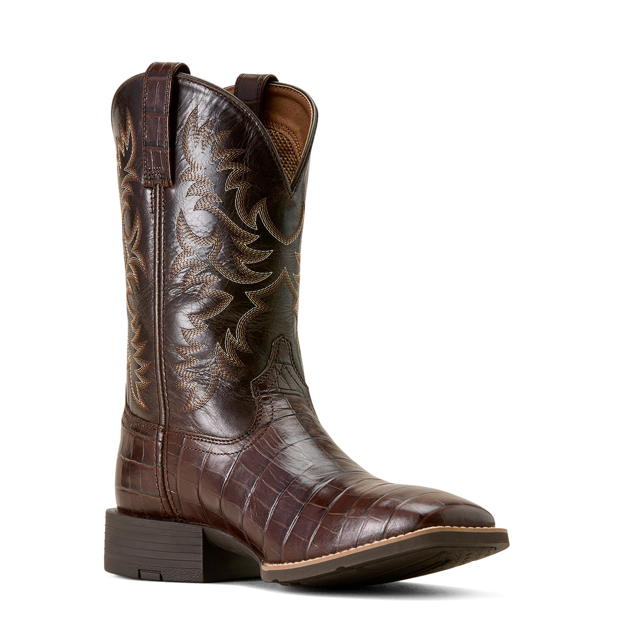 Brown cowboy boot with intricate design on a white background