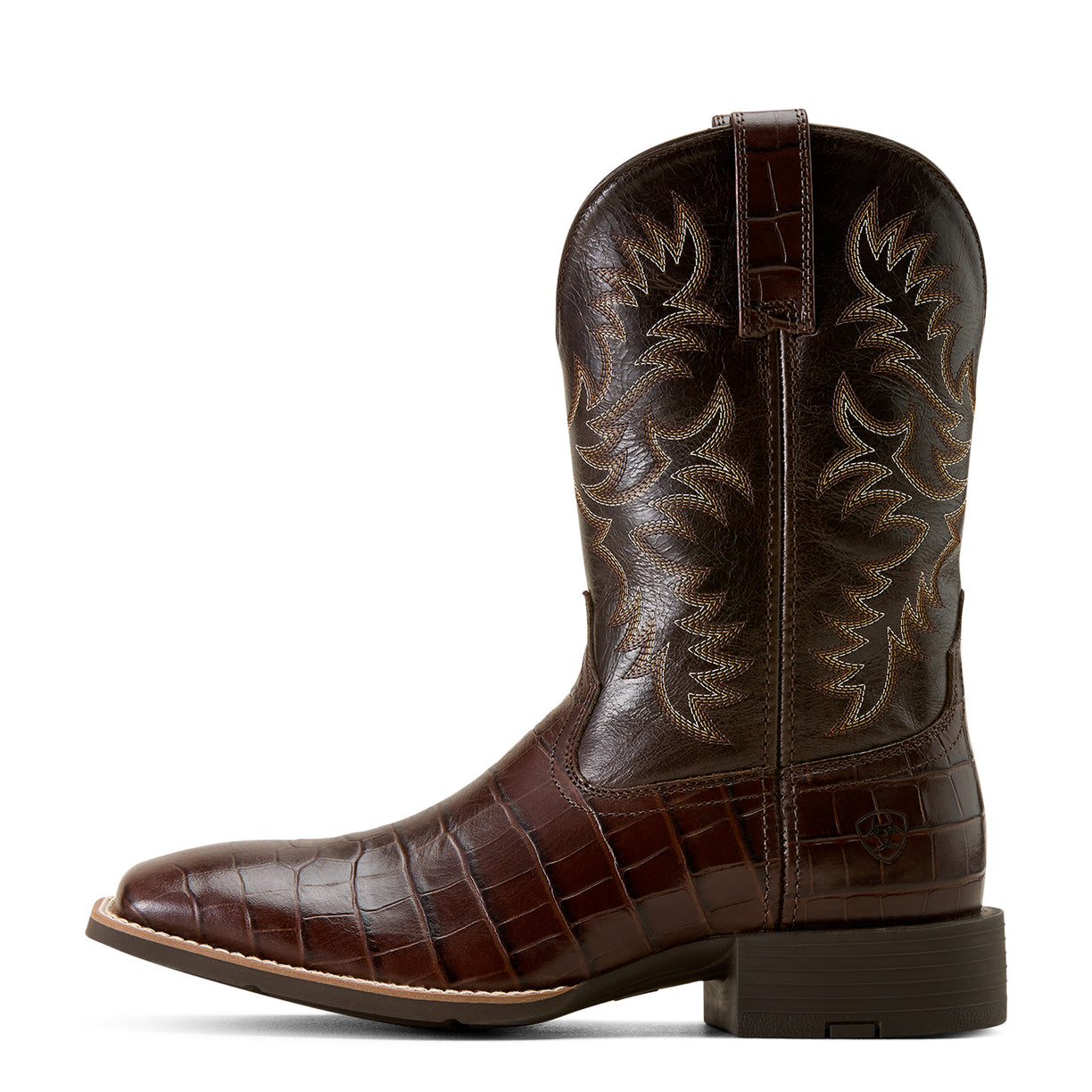 Brown cowboy boot with intricate design on a white background