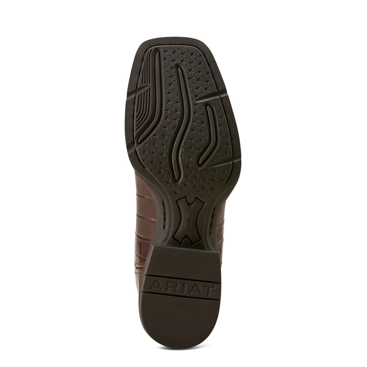 Close-up of a brown shoe sole with 'Ariat' branding on a white background