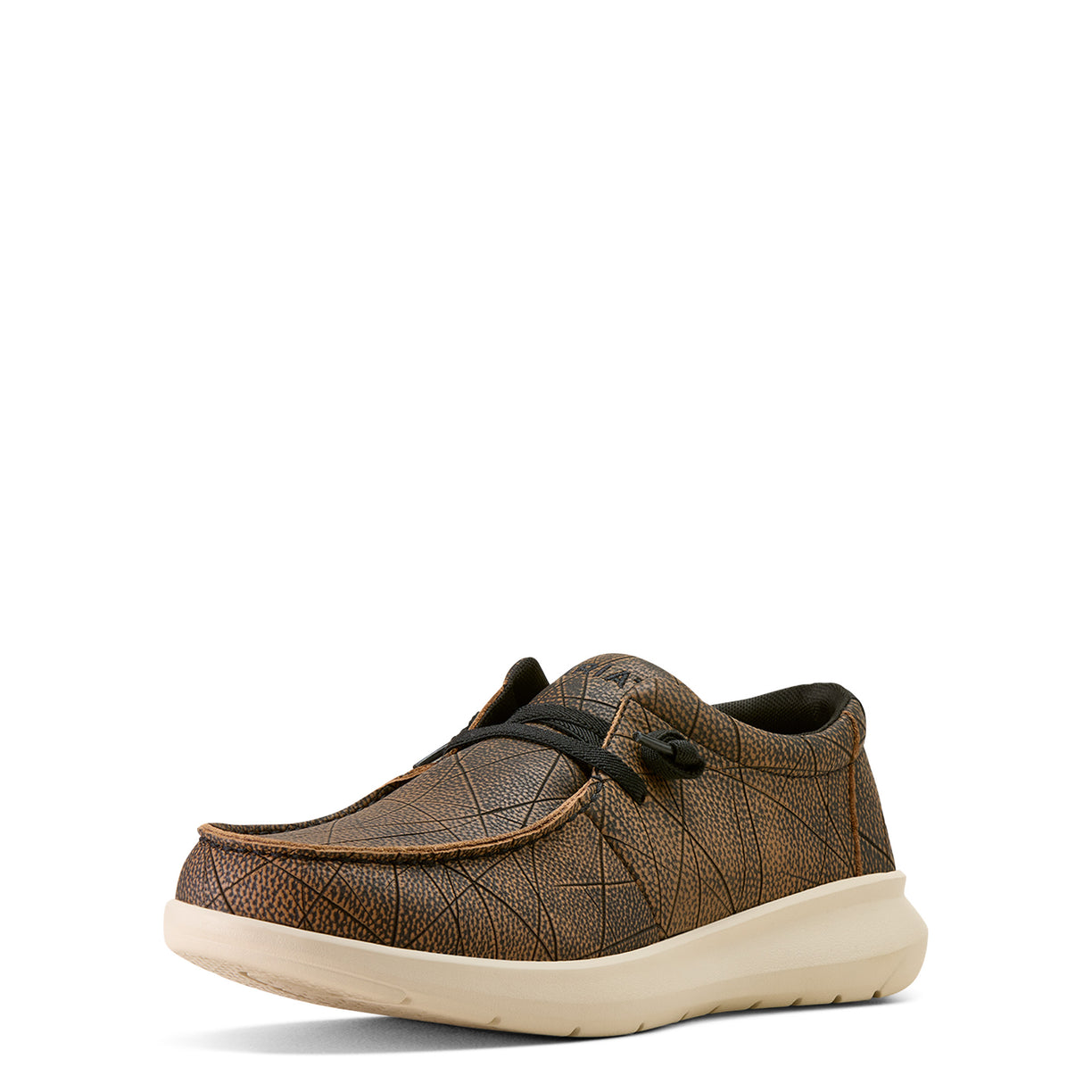 Brown slip-on shoe with black laces on a white background