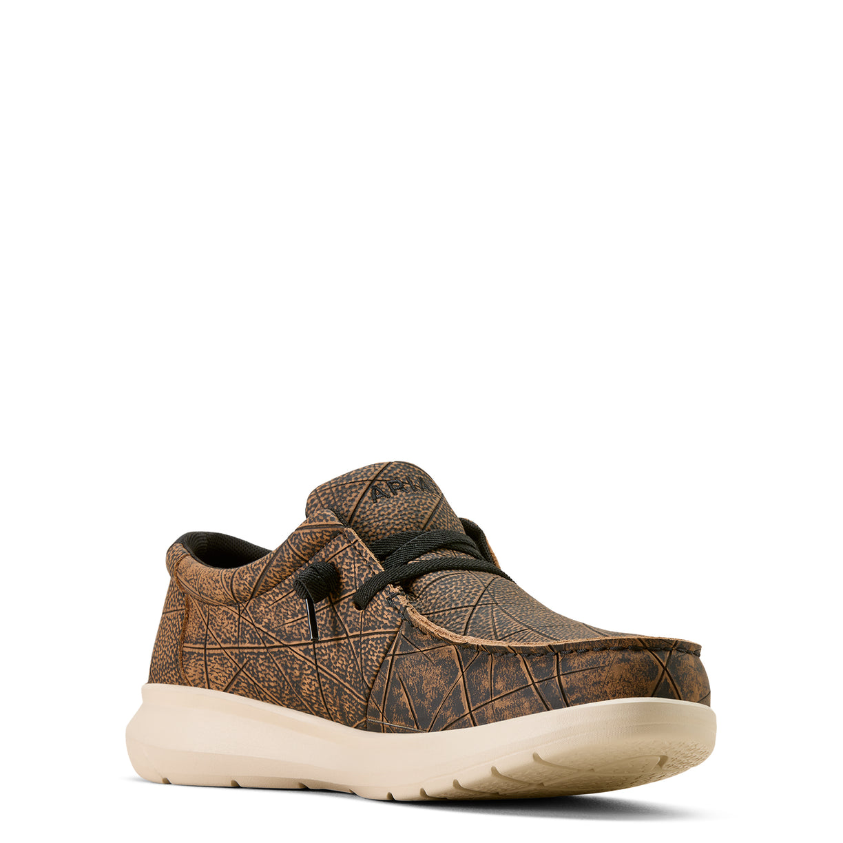 Brown textured shoe with a white sole on a white background