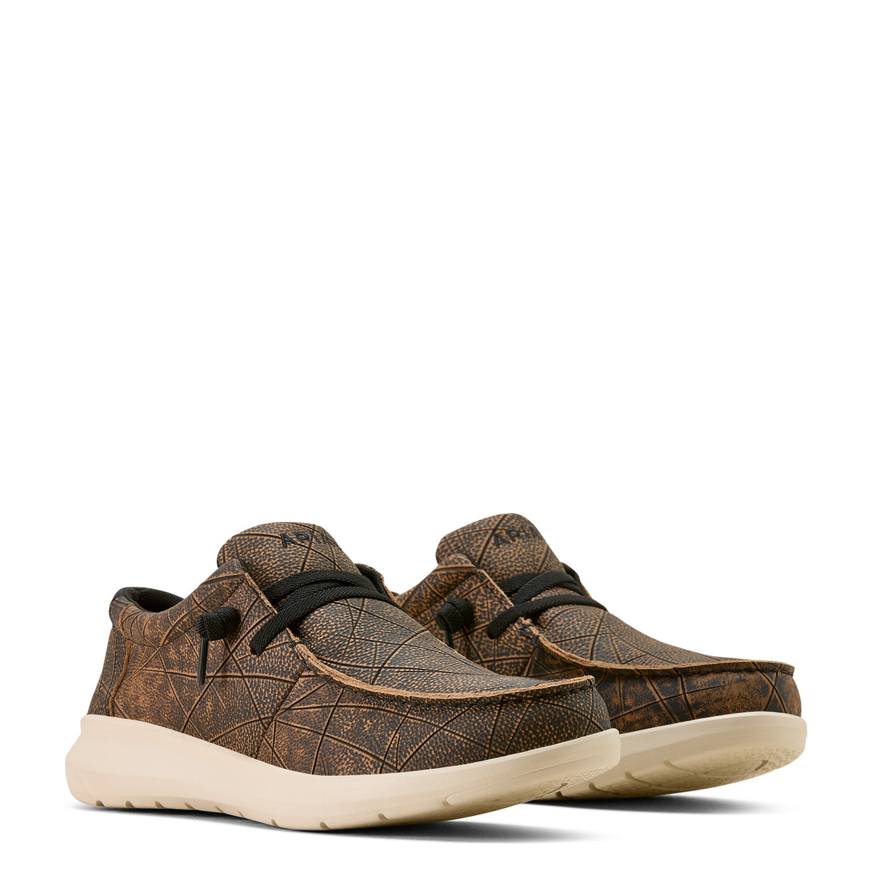Brown textured sneakers with black laces on a white background